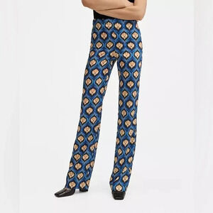 Mango Small Retro Art Deco Print Pants Elastic Band Waist Wide Leg